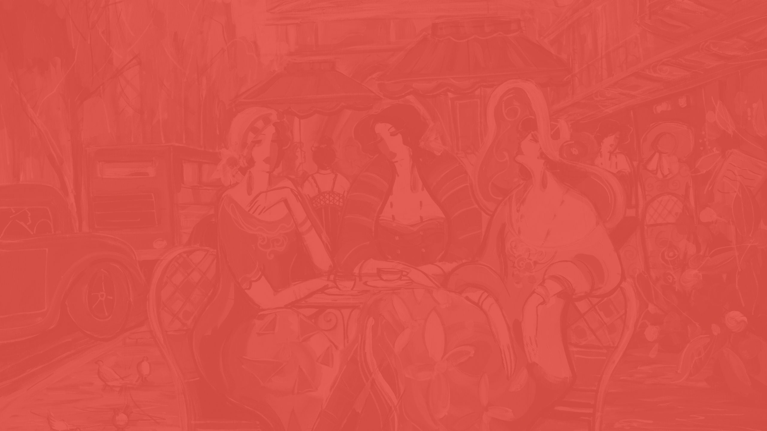 רקע אדום עם קבוצת נשים יושבות ליד שולחן